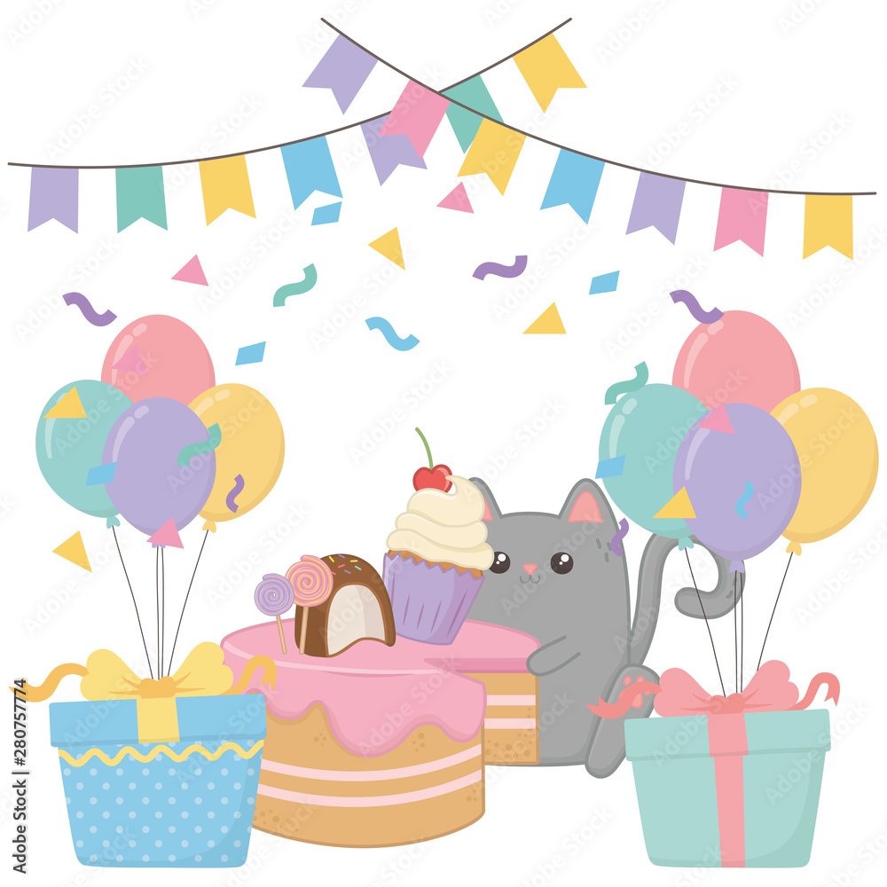Kawaii cat with happy birthday cake design Kawaii cat with happy birthday cake design