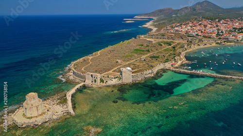 Aerial drone panoramic view of iconic Venetian castle of Methoni and Bourtzi tower on the southwest cape of Messinia, Peloponnese, Greece © aerial-drone