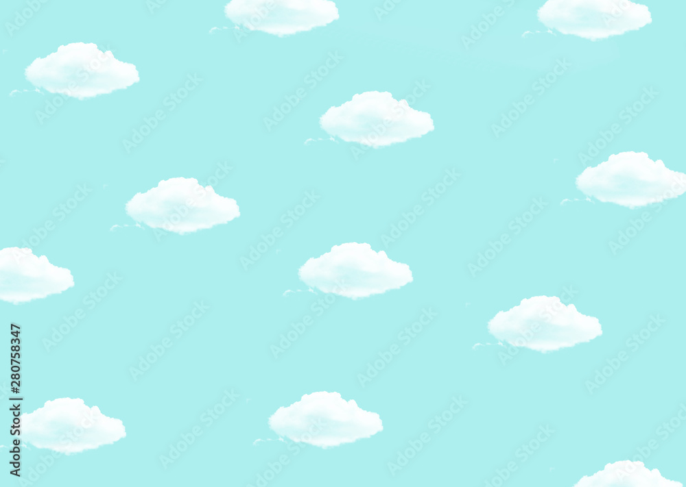 Bright blue background with a white clouds print. Bright blue background with a white clouds print.