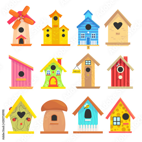Wooden birdhouse set, colorful garden outdoor decoration
