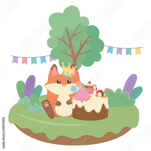 Kawaii fox with happy birthday cake design
