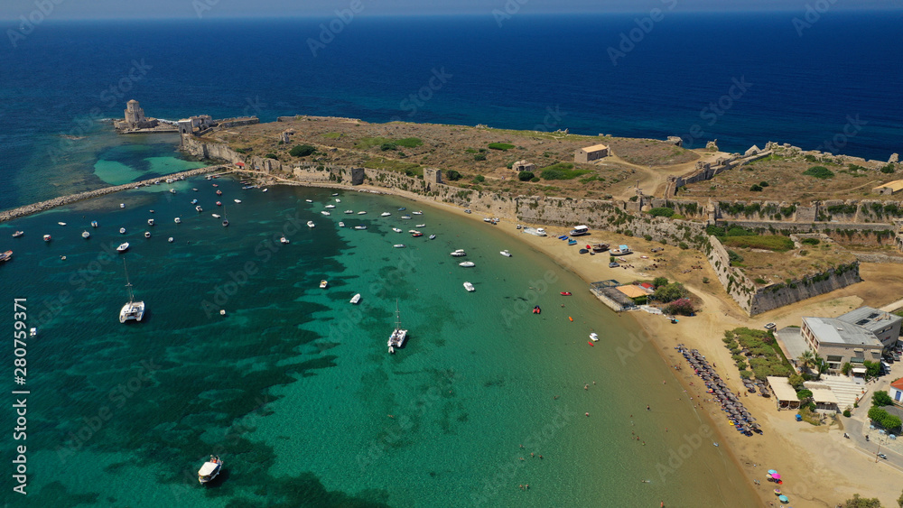 Aerial drone panoramic view of iconic Venetian castle of Methoni and Bourtzi tower on the southwest cape of Messinia, Peloponnese, Greece