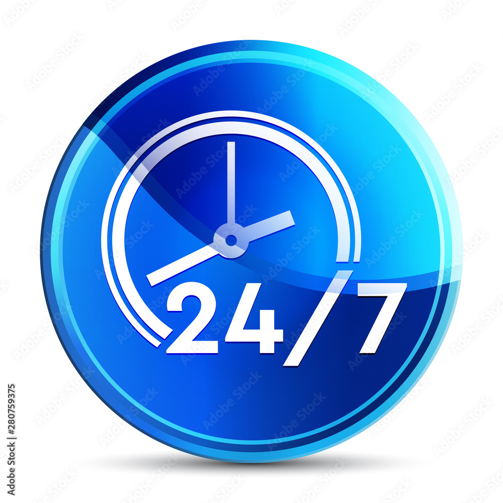 24/7 clock icon glassy vibrant sky blue round button illustration 24/7 clock icon glassy vibrant sky blue round button illustration