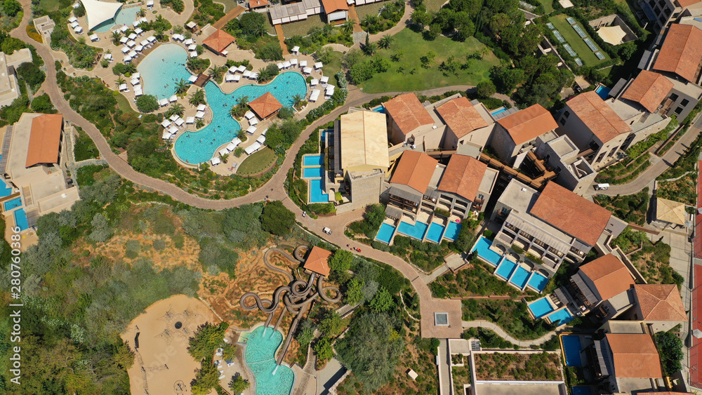 Obraz premium Aerial drone photo of famous sandy deep turquoise and blue exotic beach of Navarino in Messinia, Peloponnese, Greece