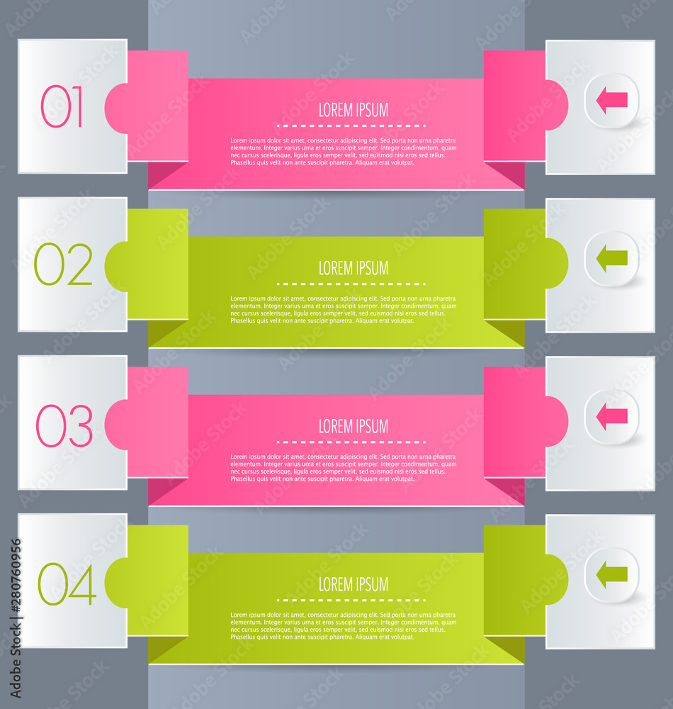 Obraz premium Business infographics template for presentation, education, web design, banners, brochures, flyers. Pink and green tabs. Vector illustration.