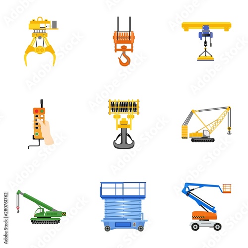 Lifting equipment icon set. Flat set of 9 lifting equipment vector icons for web design isolated on white background