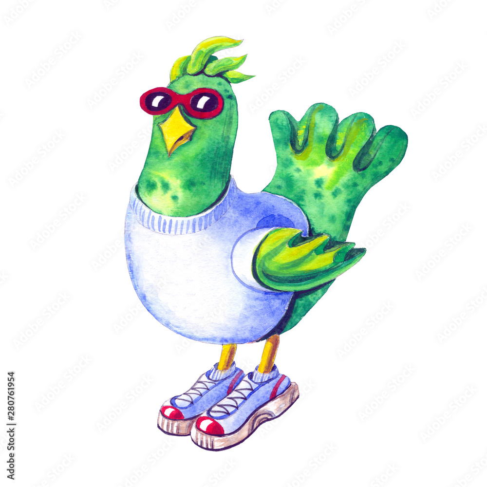 Obraz premium Watercolor, parrot in t-shirt, sneakers, glasses.