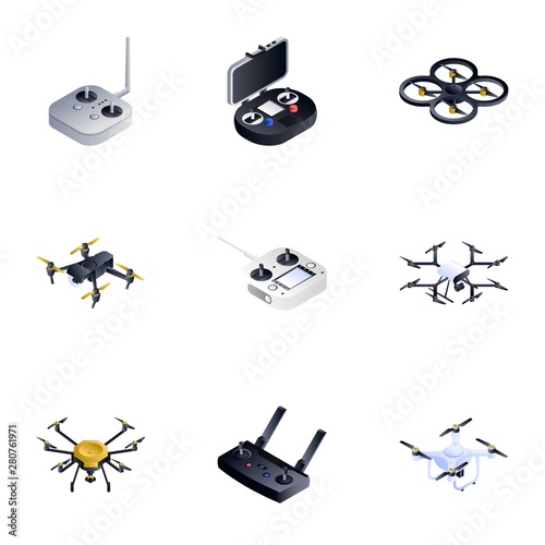 Drone remote control icon set. Isometric set of 9 drone remote control vector icons for web design isolated on white background