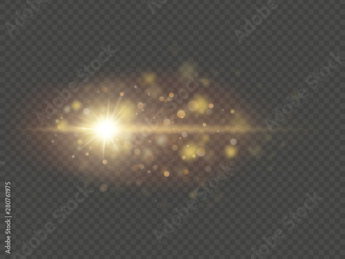 Special effect - shining star sun particles and sparks. Glitter and sequins bokeh lights isolated on transparent background. EPS 10