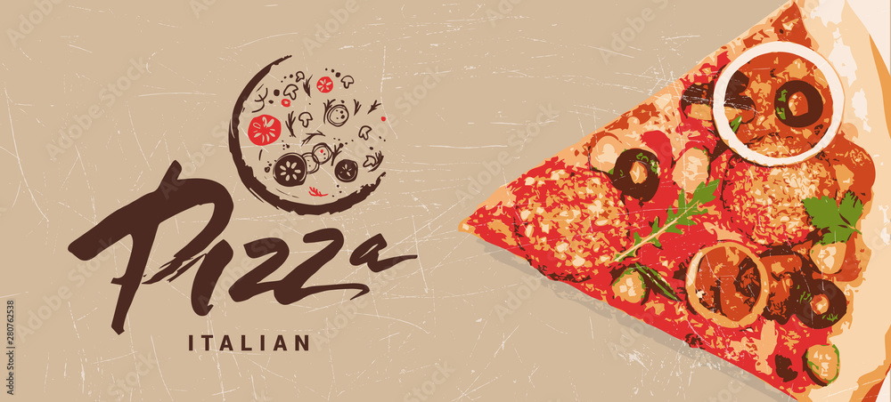 Fototapeta Hand drawn logotype of pizza. Italian pizza made with passion, love. Cooking vector editable template. Cover, label, background, layout, menu, packaging, logo