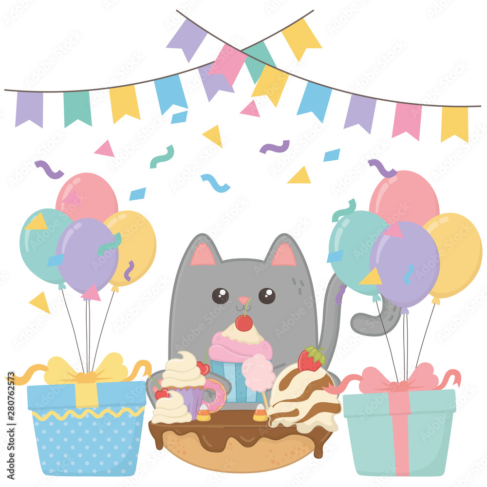 Obraz premium Kawaii cat with happy birthday cake design
