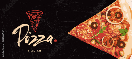 Hand drawn logotype of pizza. Italian pizza made with passion, love. Cooking vector editable template. Cover, label, background, layout, menu, packaging, logo