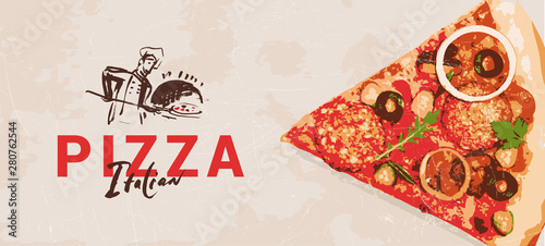 Vector Illustration of a baker with long handled bread pan baking pizza into wood fire oven done in retro style cooking pizza. Pizza maker design template with logo and piece of pizza.