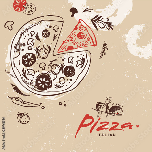 Italian pizza. Cooking vector editable template in retro sketch style with national italian symbols, food. Logotype of pizza. Hand drawn. Cover, label, background, layout, menu, packaging, logo