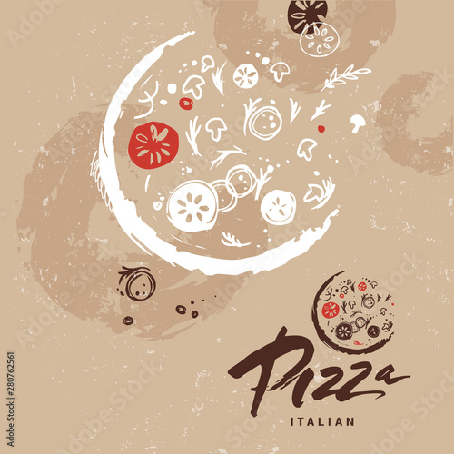 Italian pizza made with passion, love. Cooking vector editable template with national italian symbols, food. Logotype of pizza. Hand drawn. Cover, label, background, layout, menu, packaging, logo