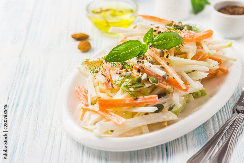 Root vegetablesa salad on wooden background. Selective focus, space for text Root vegetablesa salad on wooden background. Selective focus, space for text