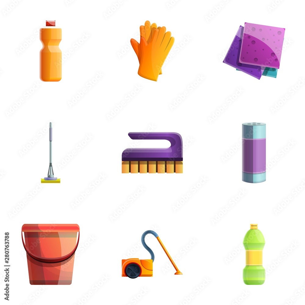 Cleaning tools icon set. Cartoon set of 9 cleaning tools vector icons for web design isolated on white background Cleaning tools icon set. Cartoon set of 9 cleaning tools vector icons for web design isolated on white background