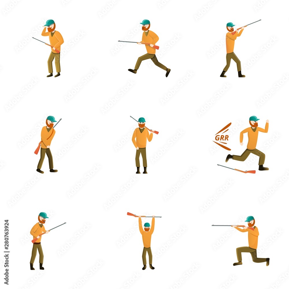Hunter man icon set. Cartoon set of 9 hunter man vector icons for web design isolated on white background