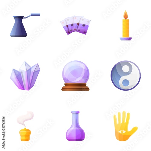 Magic object icon set. Cartoon set of 9 magic object vector icons for web design isolated on white background