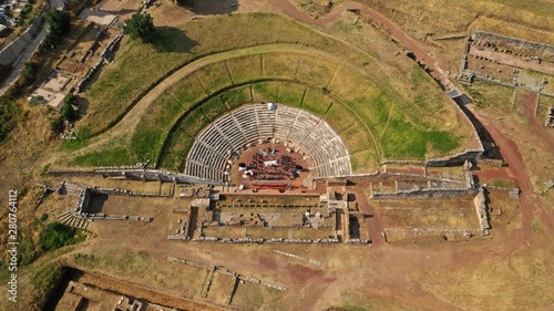 Aerial drone photo of unique and well preserved archaeological site and citadel of Ancient Messene featuring massive stadium and theatre, Messinia, Peloponnese, Greece photo