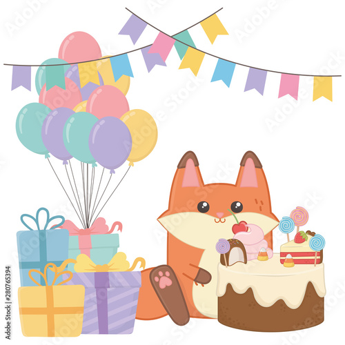 Fototapeta Naklejka Na Ścianę i Meble -  Kawaii fox with happy birthday cake design