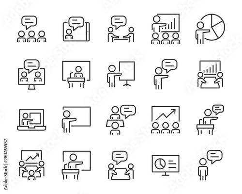 set of training icons, teaching, seminar, presentation, discussion