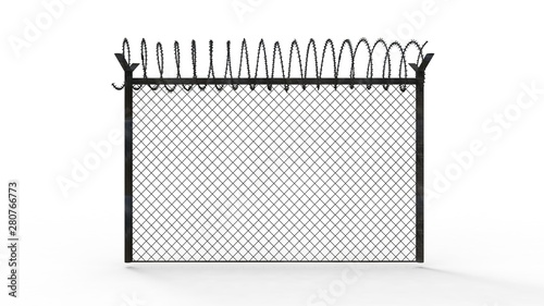 3d rendering of a fence with barbed wire isolated in white background