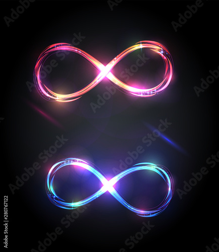 Set of the shining infinity symbols. Red and blue bright signs. Dynamic scintillating lines. Design elements. Vector volume sparkling illustration on dark background