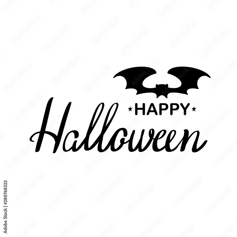 Naklejka premium Happy Halloween hand drawn lettering and silhouette black bat on white background. Design for invitation or greeting card, banner, party