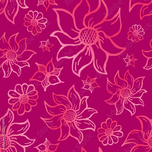 Floral seamless pattern with hand drawn roses. Pink flowers on dark background.