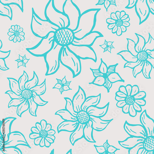 Floral seamless pattern with hand drawn roses. Blue flowers on white background.