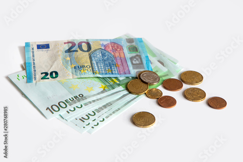 Banknotes of 20 and 100 euros on a white isolated background. Saving. The currency of the European Union.