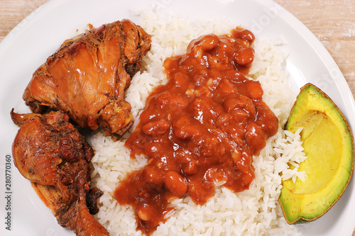 Dominican food, rice, haqbichuela and meat