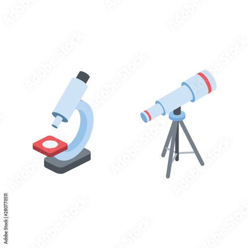 Microscope telescope vector 3d isometric, color web icons set, new flat style. Creative illustration, idea for infographics.