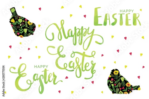 Happy easter bright lettering with birds flowers silhouettes. Spring elements for design