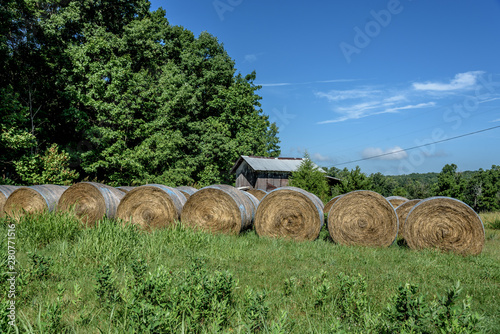 Agricultural Landscape of Many Hay Bales in a Field Next to an Old Barn