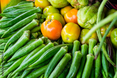 Closeup of vegetable okra  AKA ladies  fingers or ochro   ripe tomatoes and chayote or sayote. Selective focus. 