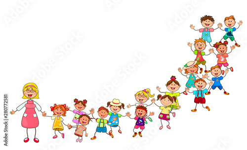 Happy children from kindergarten. Joyful little kids and a teacher. A group of children with a teacher on a walk. Group of cheerful, smiling children on a white background