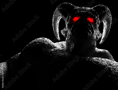 Fototapeta Powerful demon, devil, imp, monster with twisted horns, luminous eyes, muscle hillocks and scary skin