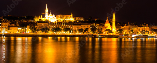 Budapest, Hungary - July 9, 2019. Night panorama of Budapest. The view from the embankment to the fishing bastion. © vomirak