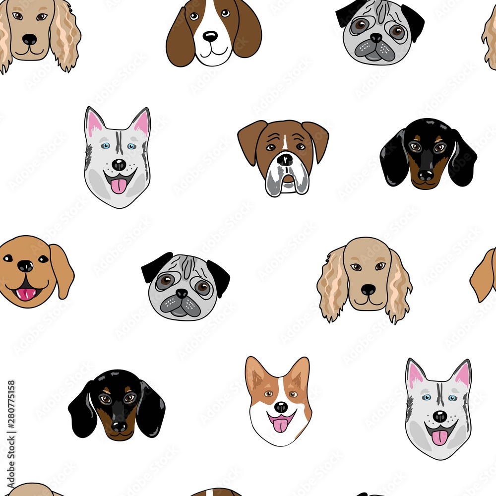 Half-drop seamless repeat pattern with happy dog heads 