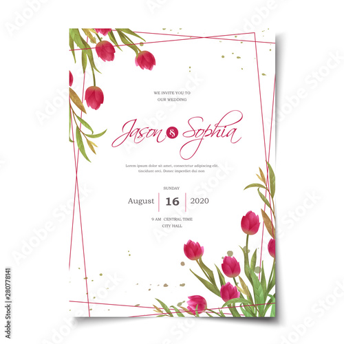 Watercolor red tulip floral wedding invitation cover template layout vector
