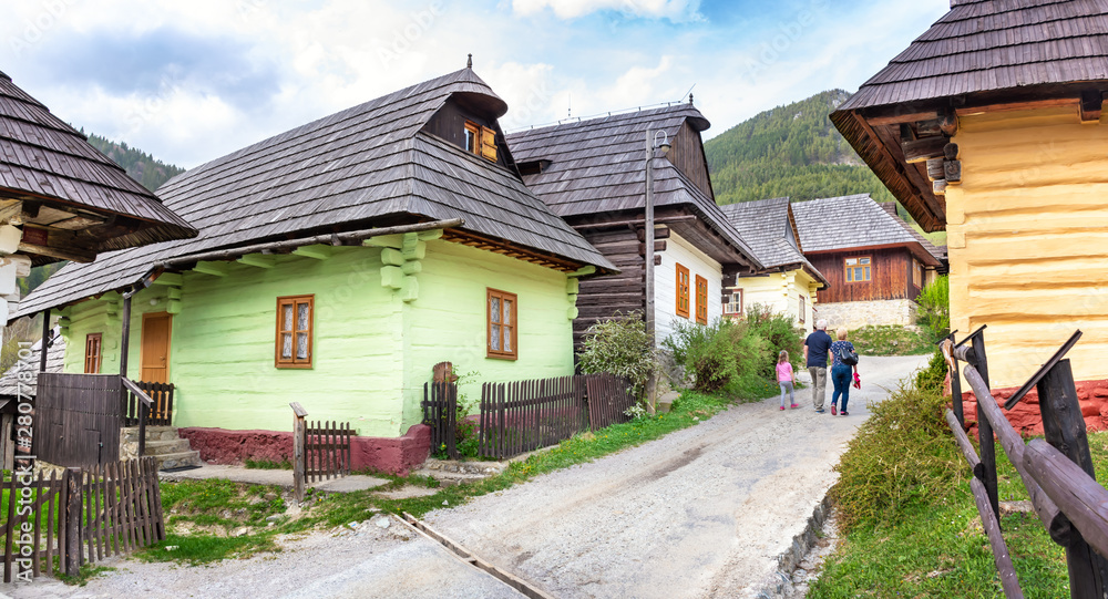 Colourful traditional wooden houses in mountain village Vlkolinec- UNESCO (SLOVAKIA)