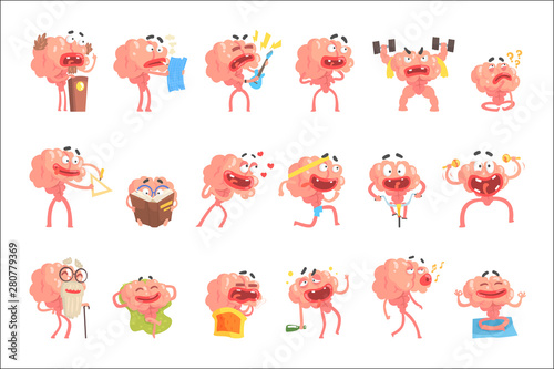Humanized Brain Cartoon Character With Arms And Legs Funny Life Scenes And Emotions Set Of Illustrations
