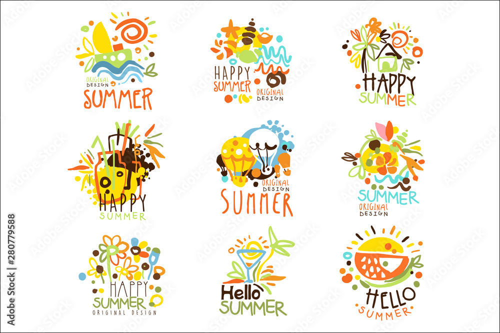 Happy Summer Vacation Sunny Colorful Graphic Design Template Logo Set, Hand Drawn Vector Stencils