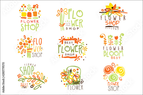 Flower Shop Red Yellow And Green Colorful Graphic Design Template Logo Set, Hand Drawn Vector Stencils