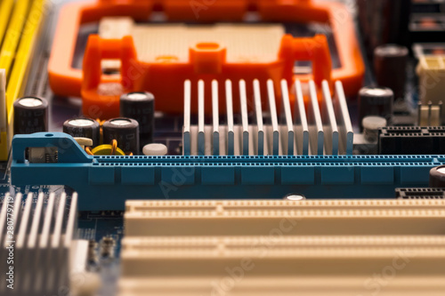 Details of the motherboard close-up. Electronic technology. Computer components.