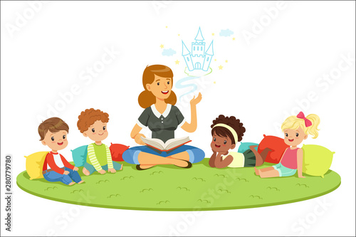 Elementary students and teacher. Children education and upbringing in the kindergarden. Cartoon detailed colorful Illustrations