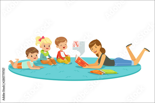 Elementary students and teacher. Children education and upbringing in the kindergarden. Cartoon detailed colorful Illustrations