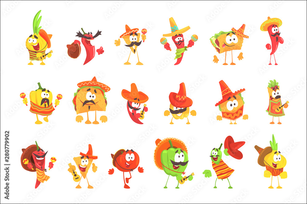 Mexican Food And Vegetables Set OF Cool Cartoon Characters In National Clothes With Guitars And Maracas, Smiling And Dancing Mexican Food And Vegetables Set OF Cool Cartoon Characters In National Clothes With Guitars And Maracas, Smiling And Dancing